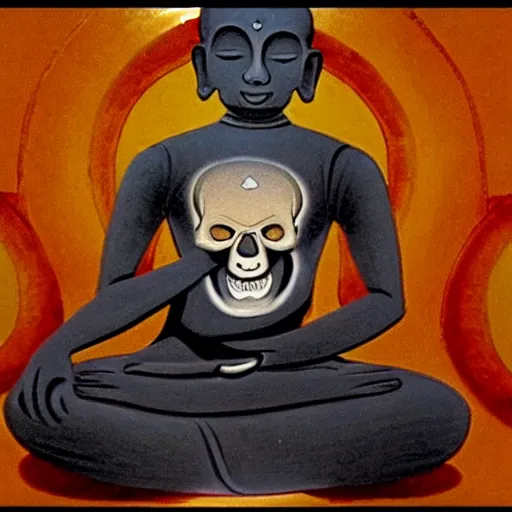Image similar to yogi sitting in the lotus position in meditation and out of the body holds a skull in his left hand and holds a planet in his right