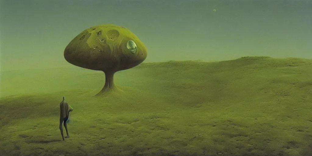 Image similar to giant alien artifact folding on itself in green planet landscape painted by Zdzisław Beksiński