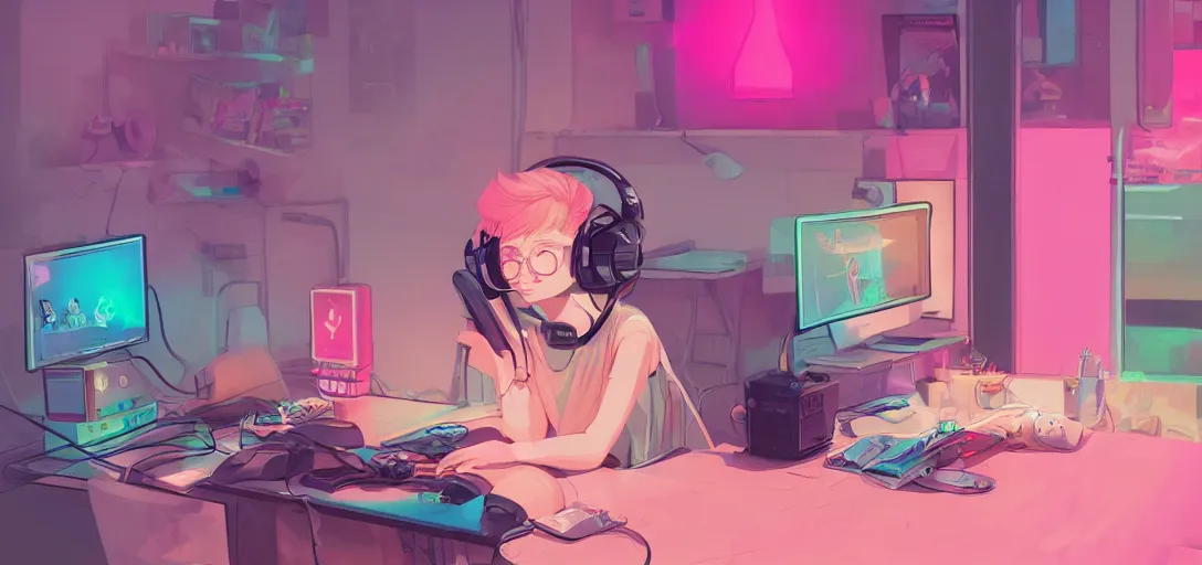 Image similar to a blond woman, pink cat-ear-headphones, sitting in front of computer, gamer, computer nerd, cute room, neon lights, gamer aesthetic, lofi vibes, strong crisp lineart and flat color, by ilya kuvshinov, krenz cushart, Greg Rutkowski, trending on artstation