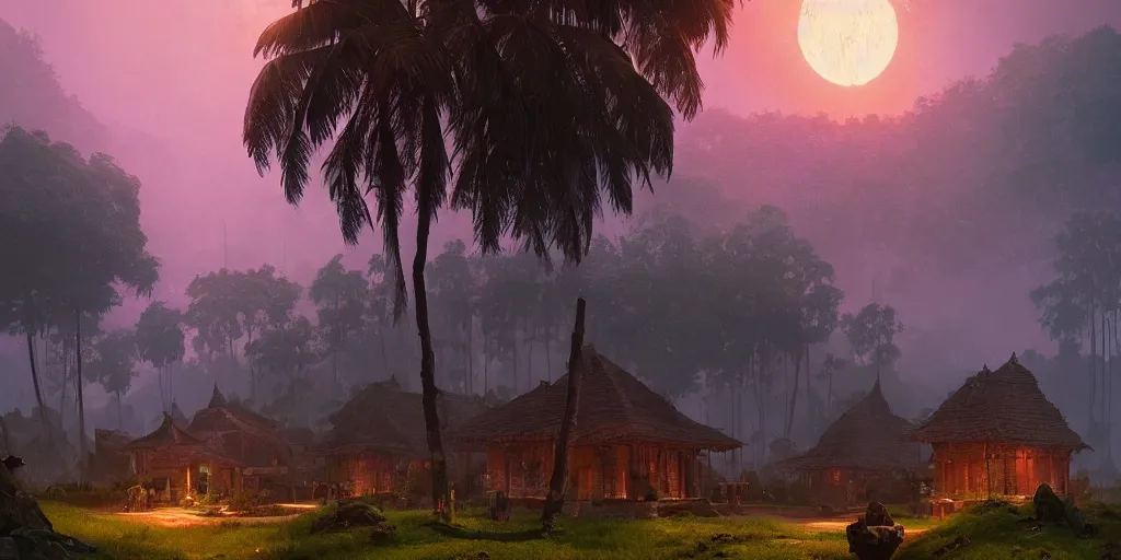 Image similar to establishing shot of a kerala village, an epic fantasy, dramatic lighting, cinematic, extremely high detail, photorealistic, cinematic lighting, matte painting, artstation, by simon stalenhag, shadow of the tomb rider