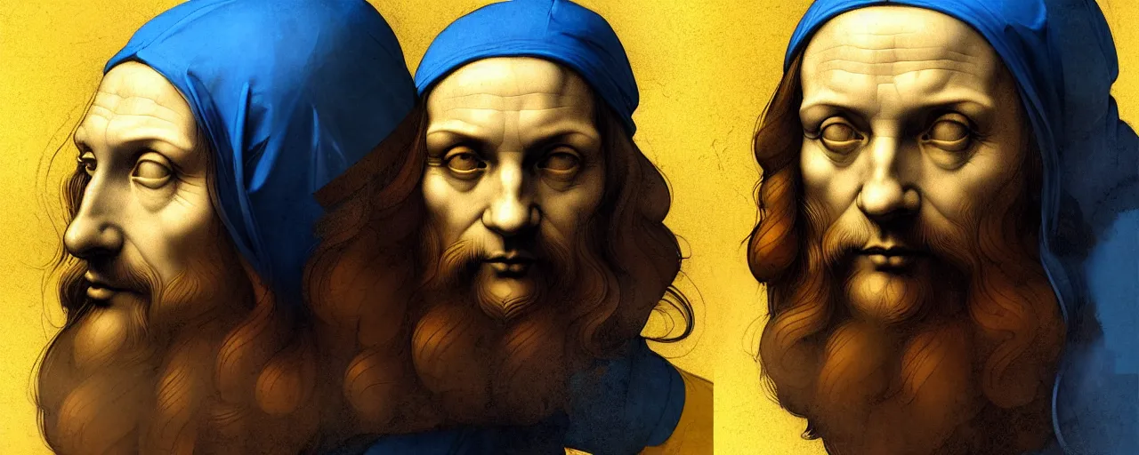 Image similar to duotone golden blue portrait of leonardo da vinci with complex sketches concept illustration of 3 / 4 portrait. cinematic volumetric lighting. dynamic accidental renaissance. by sachin teng and sergey kolesov and ruan jia and heng z. graffiti art, scifi, fantasy, hyper detailed. octane render. concept art. trending on artstation