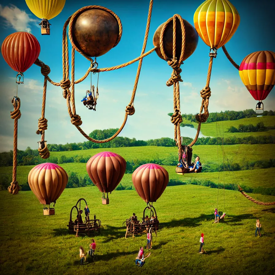 Prompt: large colorful steampunk balloons with people on rope swings underneath, flying high over the beautiful countryside landscape, professional photography, 8 0 mm telephoto lens, realistic, detailed, digital art, unreal engine