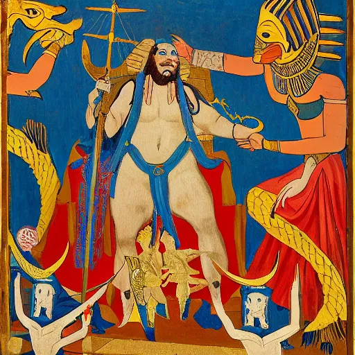 Image similar to The performance art shows a mythological scene. A large, bearded man is shown seated on a throne, surrounded by sea creatures. He has a trident in one hand and a shield in the other. Behind him is a large fish, and in front of him are two smaller creatures. Ancient Egyptian, azure by John Wilhelm, by William Gropper haunting