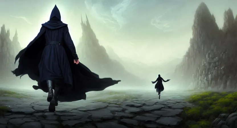 Image similar to handsome mage with stave running away from giant airship, black hair wearing round hooded gothic navy cloak, cave town, movie action still frame, ultra wide horizon, intricate, elegant, highly detailed, hyperrealism, digital painting, concept art, smooth, sharp, focus, illustration, art by artgerm, greg rutkowski, ilya kuvshinov