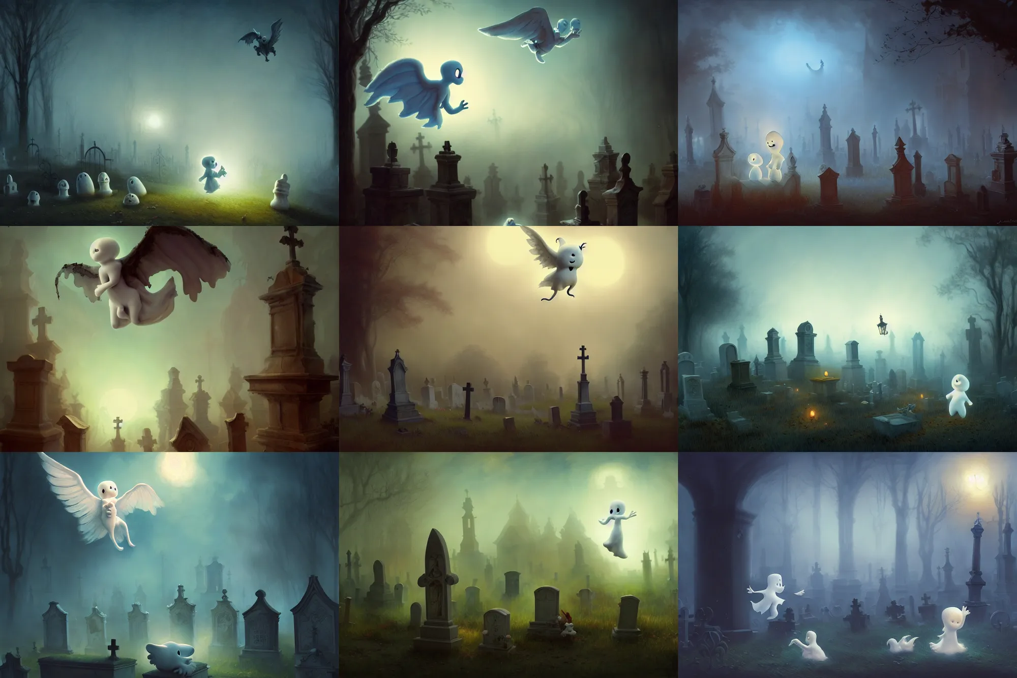 Image similar to casper the friendly ghost flying over a graveyard at midnight, playing with his ghost friends, cinestill, painted by james jean and gaston bussiere, very detailed and cute and cozy and transparent, backlight, fog, mist, trending on artstation