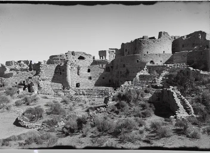 Image similar to Photograph of sprawling cliffside pueblo ruins, showing circular earthworks, terraced gardens and narrow stairs in lush desert vegetation in the foreground, albumen silver print, Smithsonian American Art Museum