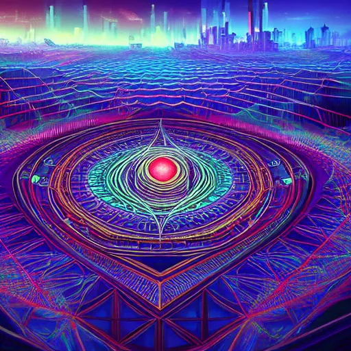 Image similar to matte painting of the sacred geometry of cyberpunk, brilliant colors, extremely detailed, very very detailed, in the style of alena aenami by Alex grey, HD, 4k, 8k