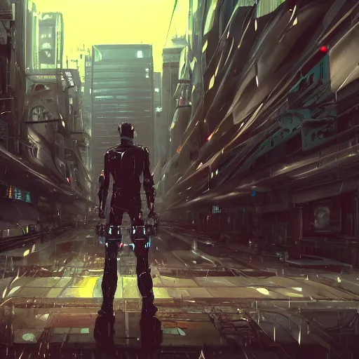 Prompt: android mechanical cyborg in overcrowded urban dystopia raining makoto shinkai wide angle shot