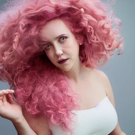 Image similar to a photograph of rose quartz from steven universe, portrait photography, 85mm, iso 400, focus mode, detailed portrait, gigantic pink ringlets, huge curly pink hair, tight gigantic pink curls, warm features, plus size, white dress, gorgeous, kind features, beautiful woman, flattering photo, daylight