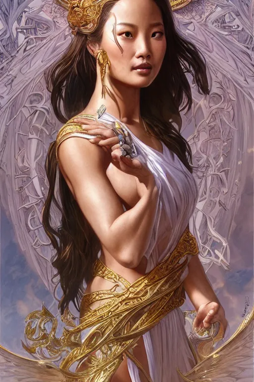 Image similar to ultra realistic illustration, a stunningly beautiful greek goddess of chaos played by jamie chung, intricate, elegant, highly detailed, digital painting, artstation, concept art, smooth, sharp focus, illustration, art by artgerm and greg rutkowski and alphonse mucha