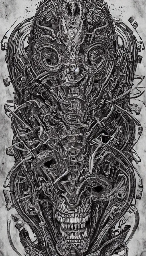 Prompt: ancient biomechanical hybrid aztec fantasy human serpent demon face mask tattoo pattern concept, teonanacatl glyph, intricate artwork by, Johnatan Wayshak, Zdizslaw Beksinski, Artgerm, H.R. Giger, very coherent artwork, cinematic, hyper realism, high detail, octane render, unreal engine, 8k, High contrast, higly detailed black ink outline, crosshatch sketch gradient