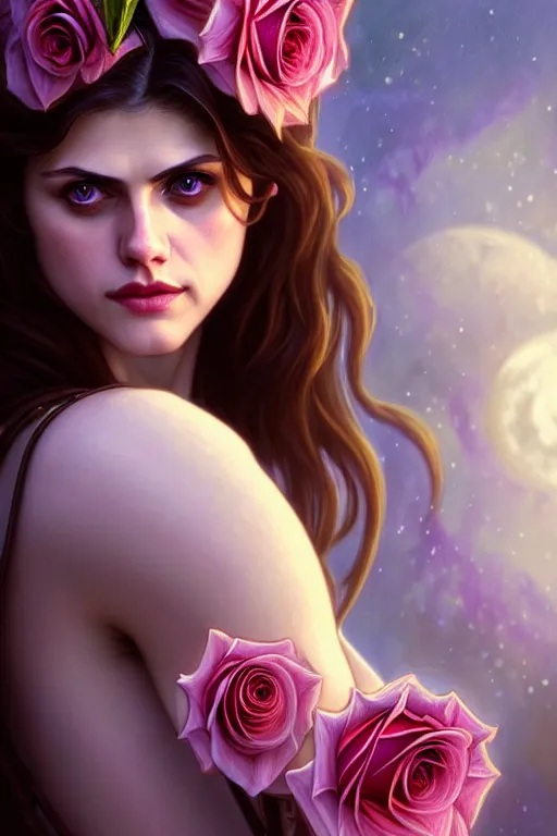 Image similar to photography alexandra daddario as a rose flower, dreamy, moonlight, deep focus, d & d, fantasy, complex, elegant, highly detailed, digital painting, artstation, concept art, matte, clear focus, illustration, hearthstone, artgerm art, greg rutkovsky and alphonse mucha