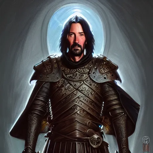 Image similar to Keanu Reeves dressed as a knight, D&D, fantasy, intricate, elegant, highly detailed, digital painting, artstation, concept art, matte, sharp focus, illustration, art by Artgerm and Greg Rutkowski and Alphonse Mucha