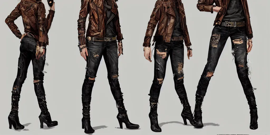 Prompt: full body portrait halston sage as a tattooed wanderer, wearing scratched and ripped short leather jeans, wearing an aviator jacket, character sheet, fine details, props, concept design, contrast, kim jung gi, greg rutkowski, trending on artstation, 8 k, full body, turnaround, front, back, ultra wide angle