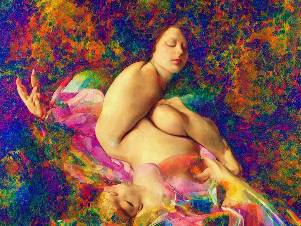 Image similar to hyperrealistic still life painting of a calm goddess, divine feminine, surrender, wrapped in fabric and gently smiling, surrounded by refracting reflecing rainbow prisms in a tesseract, botanical print, surrealism, vivid colors, serene, golden ratio, sacred geometry, abstract impasto brushtrokes, by Caravaggio, rule of thirds