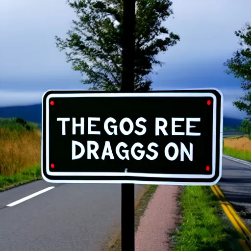 Prompt: road sign that says here be dragons,