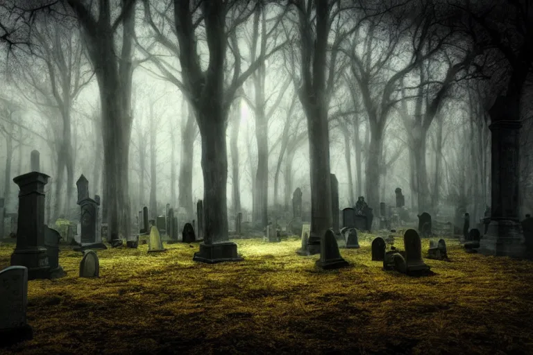 Prompt: dark and spooky haunted woods graveyard. atmospheric, oil painting on canvas. fairytale setting, cinematic lighting. dramatic framing. volumetric lighting. romanticism