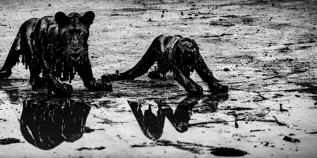 Image similar to the black lioness made of ferrofluid, rolling in the lake of sticky thick tar, viscous, sticky, full of black goo, covered with black goo, splattered black goo, dripping black goo, dripping goo, splattered goo, sticky black goo. photography, dslr, reflections, black goo, zoo, exhibit