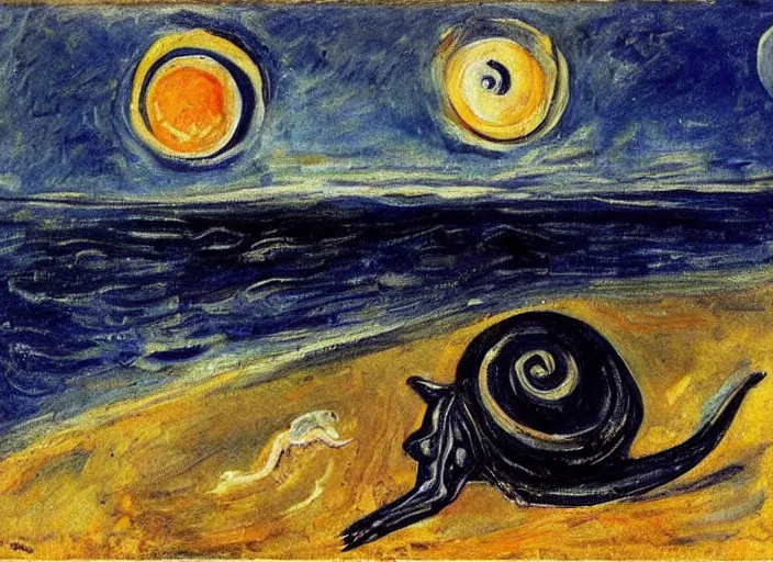 Image similar to a snail on the beach under the moon, by chaim soutine