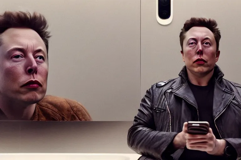 Image similar to hyperrealism aesthetic ridley scott and denis villeneuve style photography of a detailed hyperrealism elon musk, siting on a detailed hyperrealism toilet and scrolling his detailed smartphone in hyperrealism scene from detailed art house movie in style of alejandro jodorowsky and wes anderson