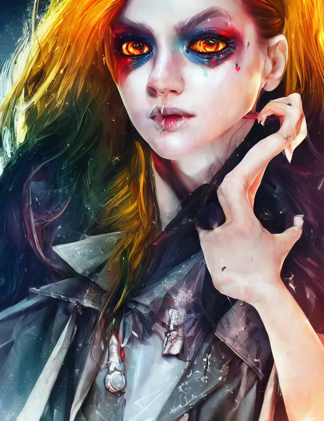 Prompt: digital illustration of a girl with eyes that burn like cigarettes wearing a short skirt and a long jacket with fingernails that shine like justice, dramatic lighting, photorealistic, extreme detail, 4 k, colorful, artgerm