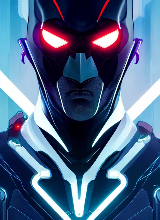 Image similar to symmetry!! portrait of batman beyond, sci - fi, tech wear, glowing lights!! intricate, elegant, highly detailed, digital painting, artstation, concept art, smooth, sharp focus, illustration, art by artgerm and greg rutkowski and alphonse mucha