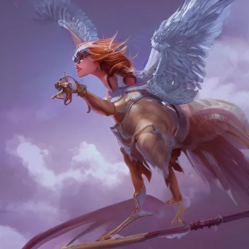 Image similar to Art station concept of a beautiful girl riding a gryphon, symmetrical face, smooth body features, by Stanley Artgerm Lau, WLOP, Rossdraws, James Jean, Andrei Riabovitchev, Marc Simonetti, and Sakimichan, trending on artstation