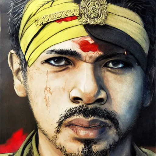 Image similar to portrait of sajtama by yoji shinkawa, high quality, english man, extra details, realism, ornate, colored, golden chain, blood, white skin, short hair, brown eyes, vivid, sunlight, red headband, black eyepatch, white american soldier, painting, cybernetics, military