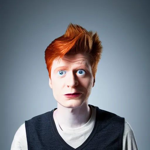 Image similar to uhd candid photo of philip j. fry, with accurate face, uhd, studio lighting, correct face, photo by annie leibovitz