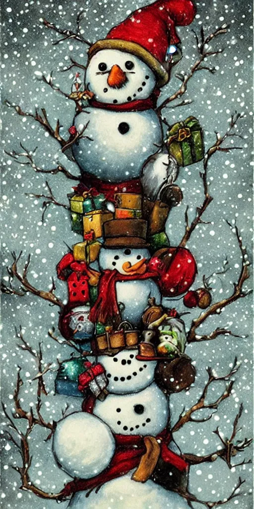 Image similar to a snowman christmas scene by alexander jansson