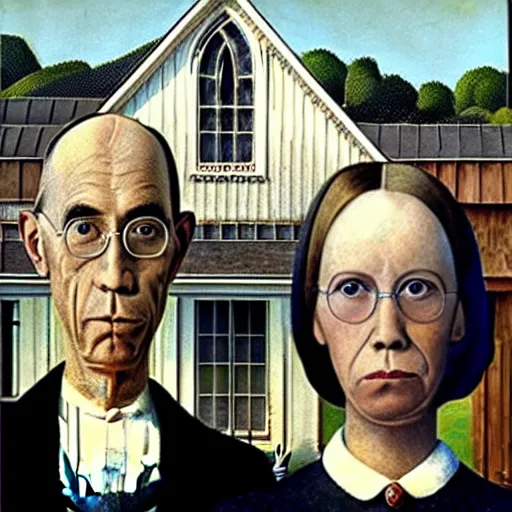 Prompt: american gothic but the man has a tabby cat face,