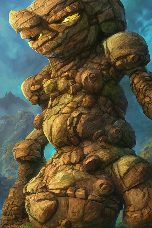 Image similar to zelda fantasy art giant golem troll wood rock greeble gemstone, global illumination ray tracing hdr fanart arstation by sung choi and eric pfeiffer and gabriel garza and casper konefal