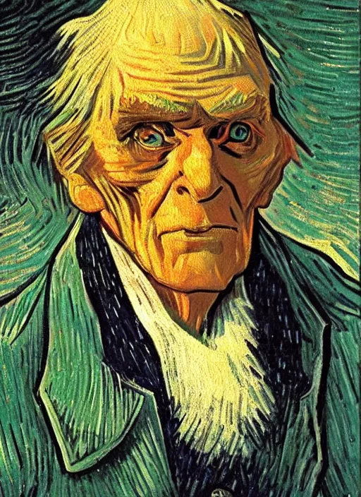 Image similar to lifelike oil painting portrait of ebenezer scrooge by van gogh