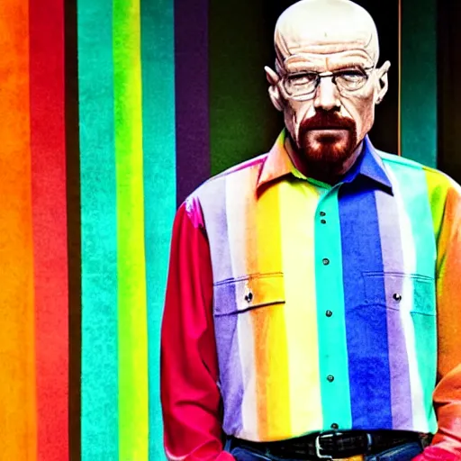 Image similar to walter white wears a very colorful rainbow shirt