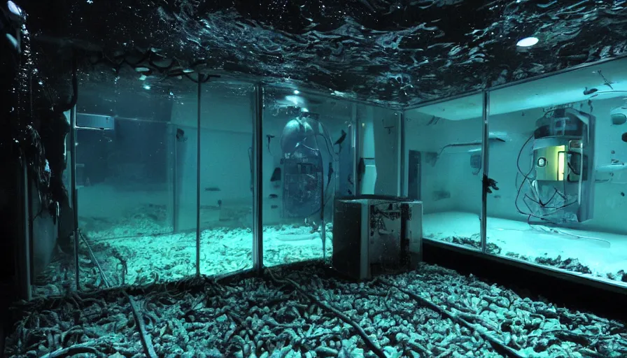 Prompt: Big budget horror movie, exterior view of an underwater biolab, deep in the ocean, dark and gloomy