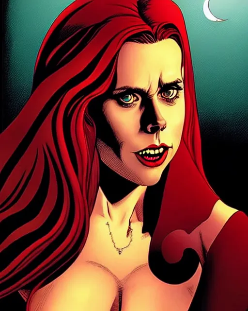 Image similar to vampire : : rafeal albuquerque comic art, peter mohrbucher : : gorgeous amy adams : : sharp teeth, open mouth sneer : : symmetrical face, symmetrical eyes : : gorgeous red hair : : magic lighting, low spacial lighting : :