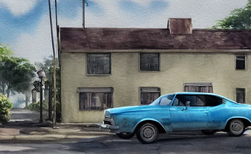 Image similar to a watercolor painting of a chevrolet opala parked near a 1 9 0 0 s house, digital painting, masterpiece, hyperrealistic, concept art, trending on deviantart, highly detailed, high quality, 4 k, symmetrical, low contrast, watercolor, warm, soft lighting, path traced, godrays, vintage, soft colors