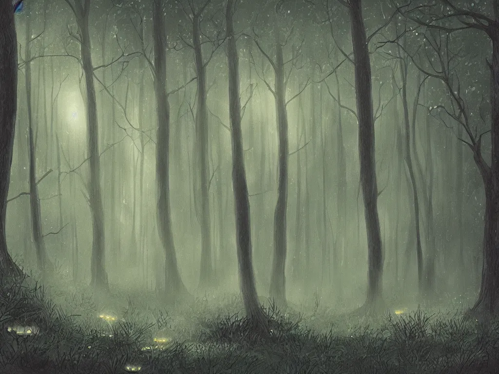 Image similar to Foggy thicket where fireflies fly. Detailed digital painting for a TTRPG.