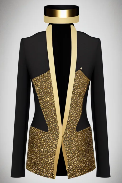 Image similar to futuristic blazer with gold accents and black lapel, hd, fashion design, suit design, fabric, weave, hyper detailed