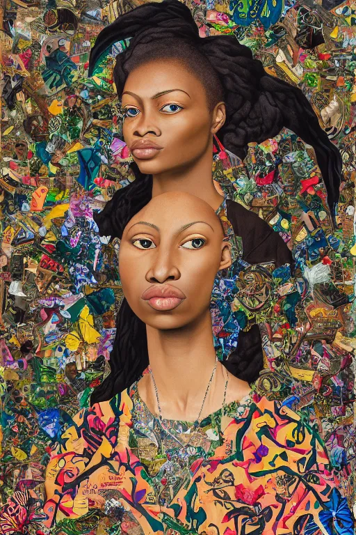 Prompt: A detailed maximalist collage of a portrait with large eyes, exasperated expression with an existential dread of love, mixed media torn paper collage, highly detailed and intricate illustration, high fashion, in the style of Kehinde Wiley