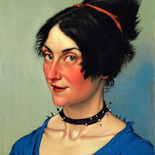 Image similar to Front portrait of an amused woman with black hair and ice blue eyes, wearing a spiked choker and an orange tank top. A painting by Norman Rockwell.