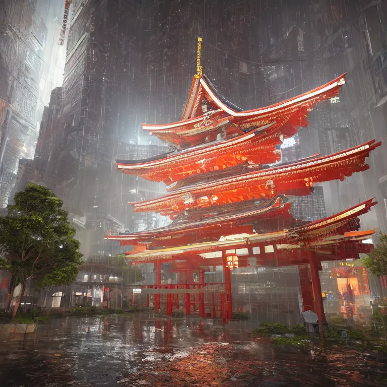 Prompt: a tall brightly lit cyberpunk shinto shrine at night, reflection visible in scattered rain puddles, octane ray tracing, volumetric light, trending on artstation, three point perspective, depth of field