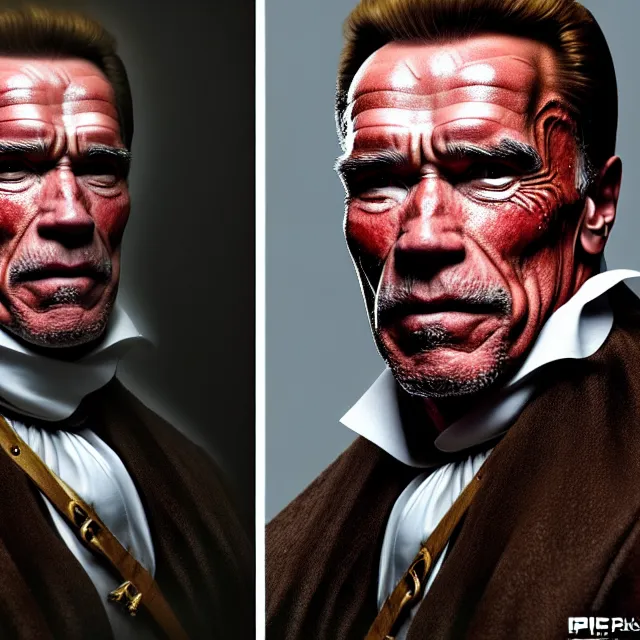 Image similar to epic professional digital portrait art of Arnold Schwarzenegger wearing 17th century clothing and wearing a British solicitor’s wig, ,best on artstation, cgsociety, wlop, Behance, pixiv, astonishing, impressive, outstanding, epic, cinematic, stunning, gorgeous, much detail, much wow, masterpiece.