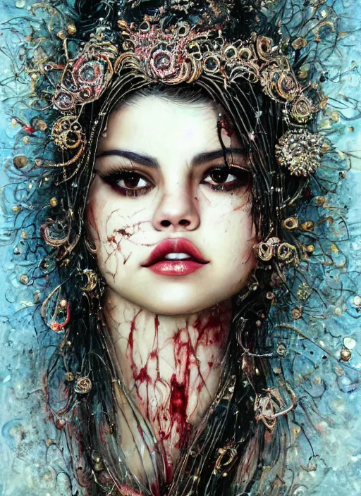 Image similar to expressive photo of selena gomez mixed with sophia lauren, bumpy mottled skin full of blood and scars, ornate headpiece made from crystals, cables and wires, hypermaximalist, elegant, body horror, by karol bak nd yoshitaka amano and greg rutkowski and jeremyg lipkinng and artgerm, photorealistic