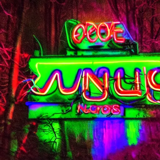 Image similar to eddie munson neon lights looks so cool in the night forest handsome, photojournalism