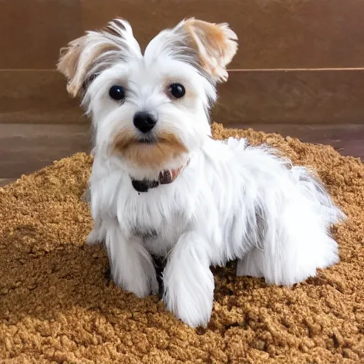 Image similar to white yorkiepoo sitting in a pile of mochi, realistic, hd