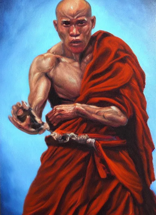 Image similar to A warrior battle monk, gritty, oil painting on canvas