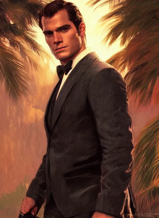 Image similar to portrait of henry cavill as james bond, key art, palm trees, vintage aston martin, highly detailed, digital painting, artstation, concept art, cinematic lighting, sharp focus, illustration, by gaston bussiere alphonse mucha