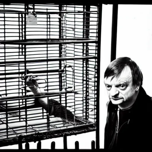 Image similar to mark e smith in a small cage in a pet shop window, his hands are up on the bars, the cage has a for sale tag, 4 k