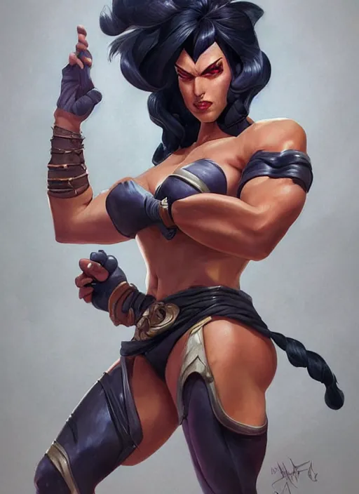 Image similar to very muscled Amazon juri from streetfighter as a ruggedly mean looking heroine, intricate, elegant, highly detailed, centered, digital painting, artstation, concept art, smooth, sharp focus, illustration, art by artgerm and donato giancola and Joseph Christian Leyendecker, WLOP